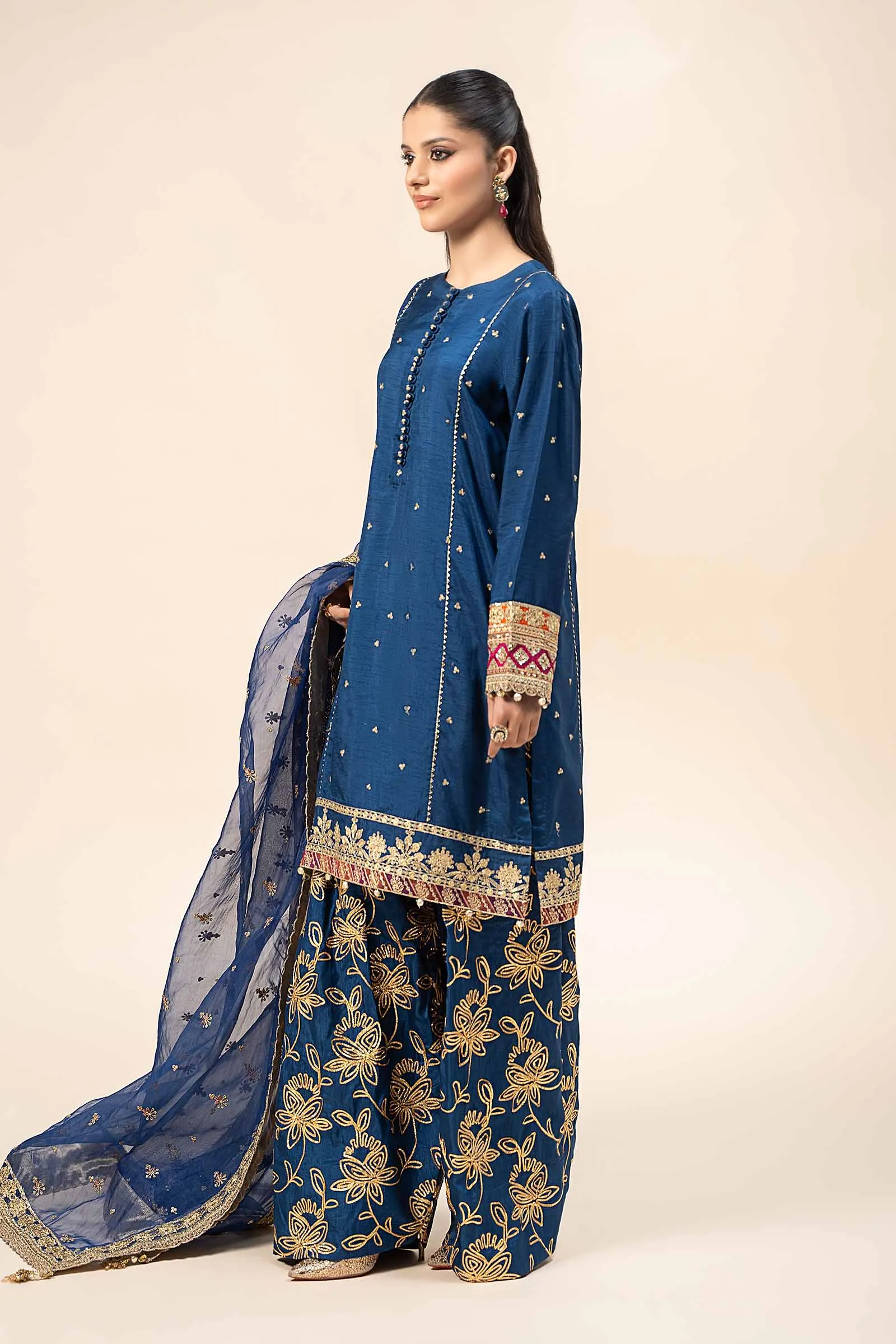 3 Piece Embroidered Raw Silk Suit | SF-W24-04