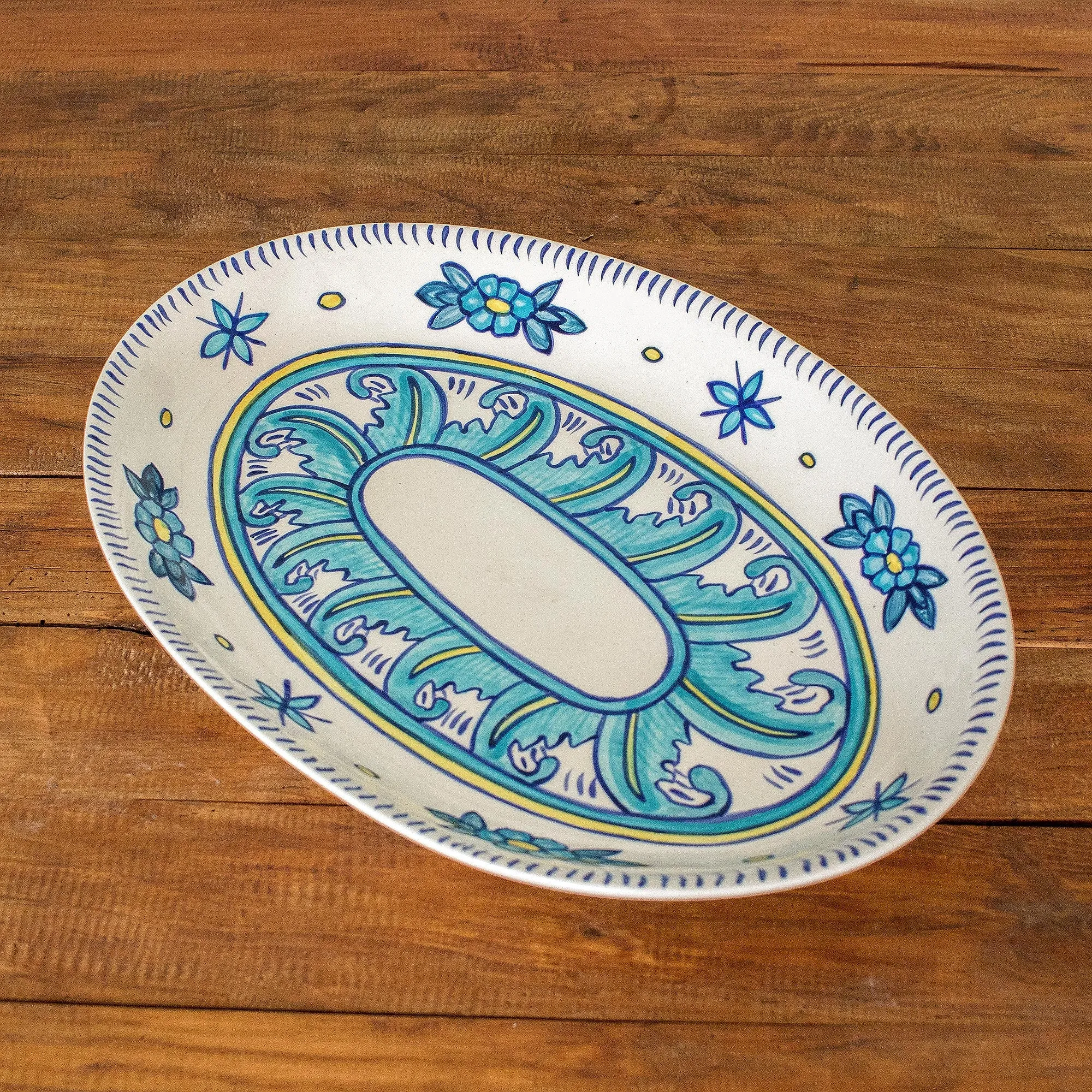 Artisan Crafted Oval Ceramic Platter with Floral Motif - Bermuda | NOVICA