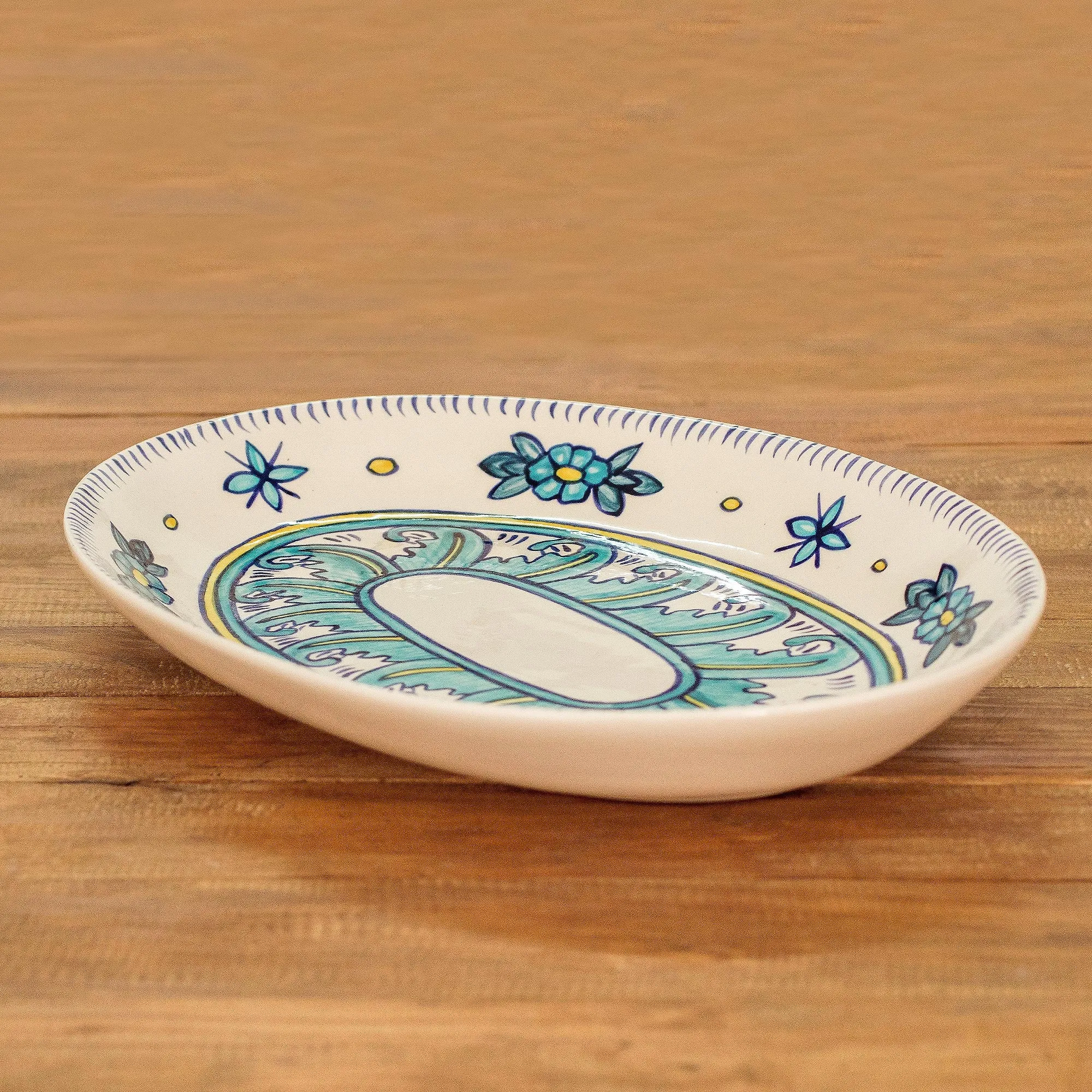 Artisan Crafted Oval Ceramic Platter with Floral Motif - Bermuda | NOVICA