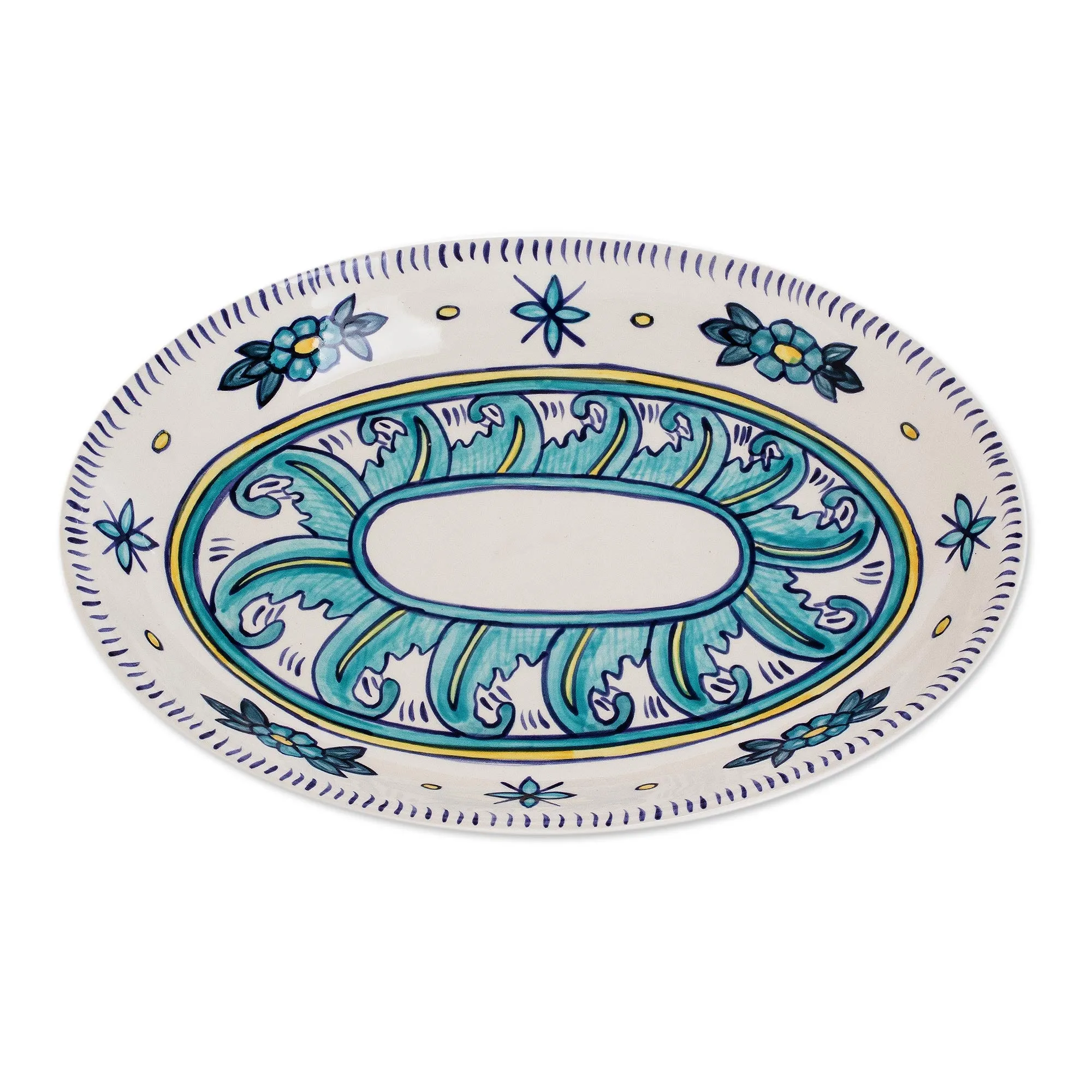 Artisan Crafted Oval Ceramic Platter with Floral Motif - Bermuda | NOVICA