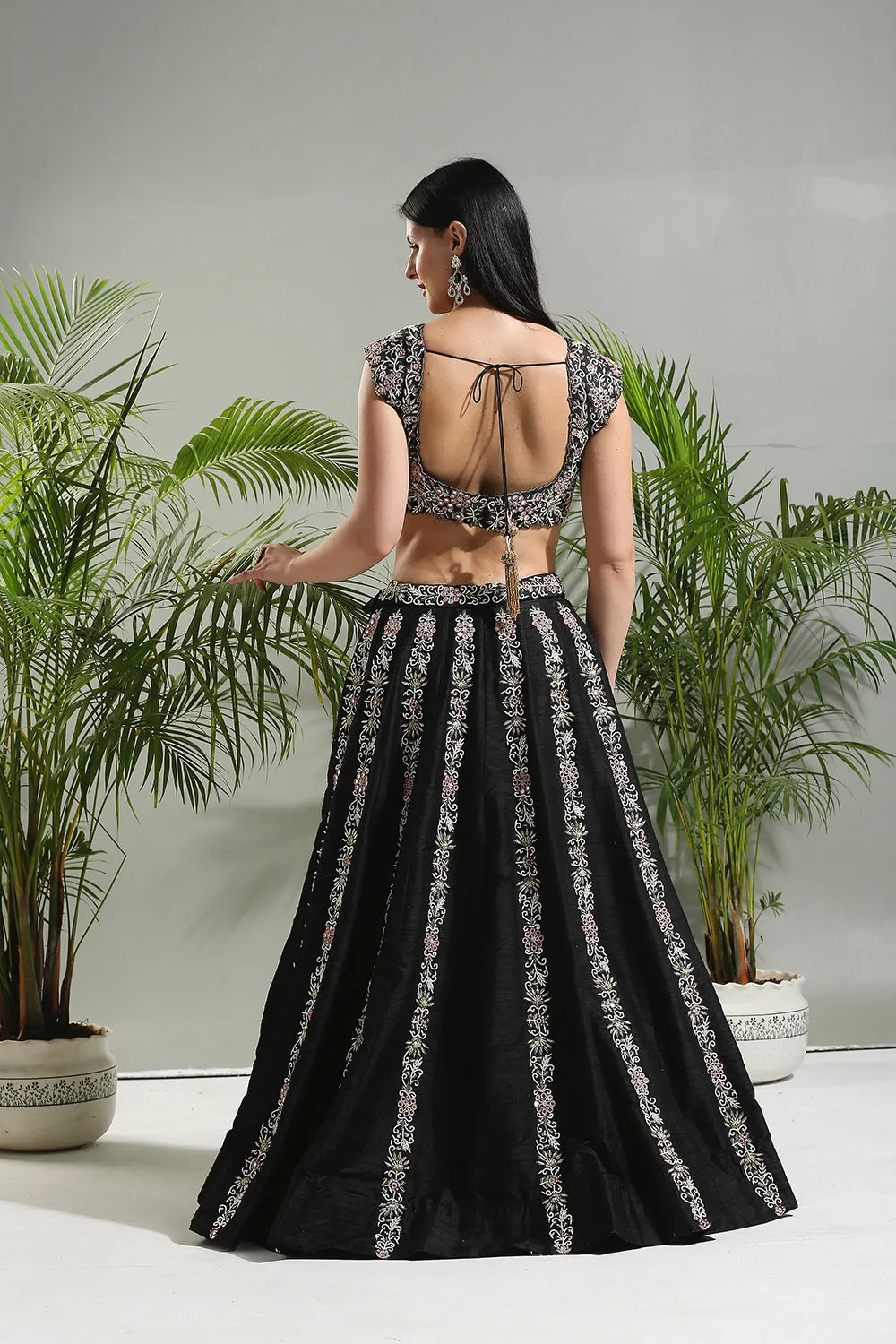 Black Thread And Mirror Hand Embroidered Lehenga Set