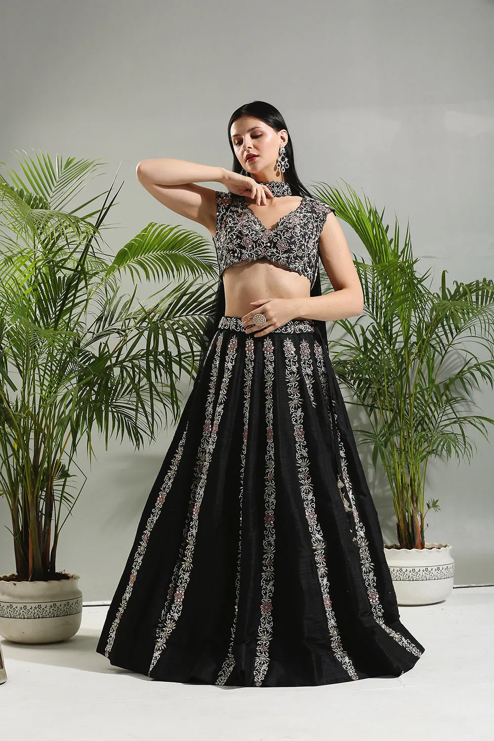 Black Thread And Mirror Hand Embroidered Lehenga Set