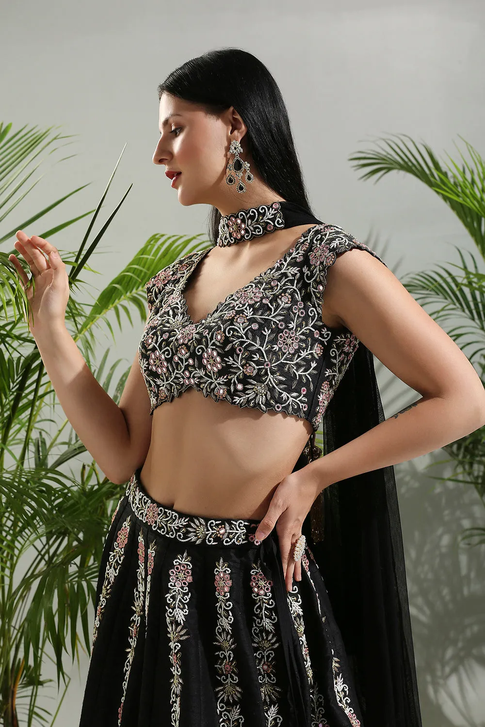 Black Thread And Mirror Hand Embroidered Lehenga Set