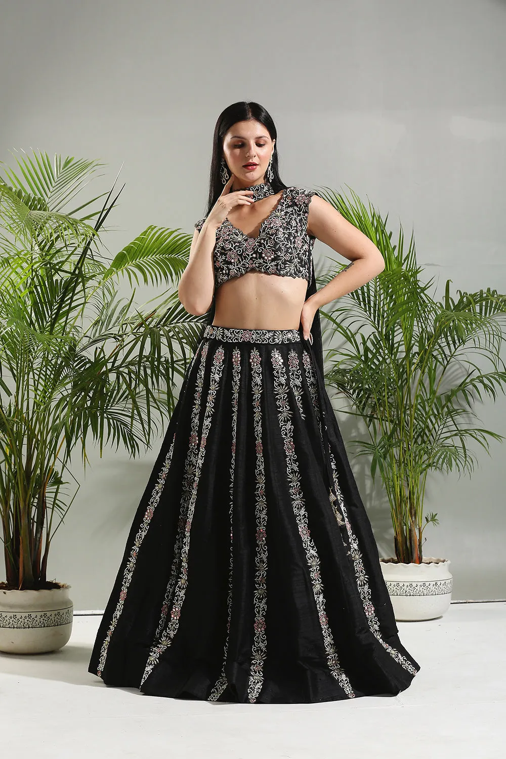 Black Thread And Mirror Hand Embroidered Lehenga Set