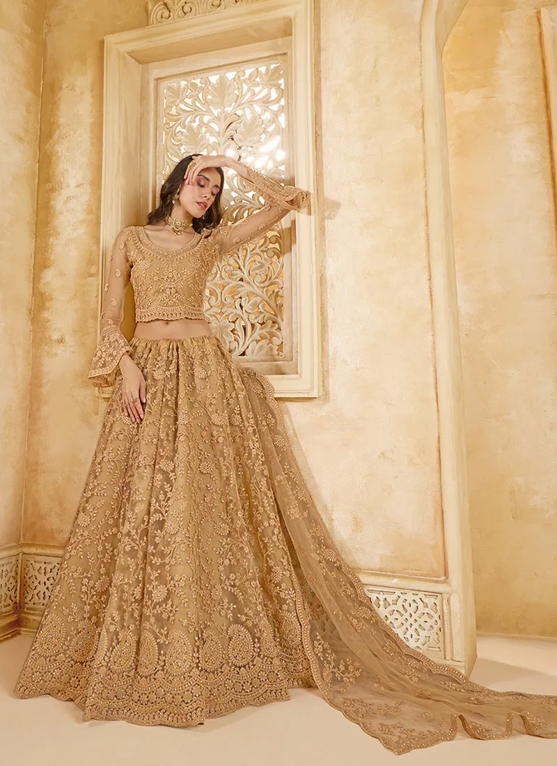 Brown Beige Embroidered Lehenga Choli