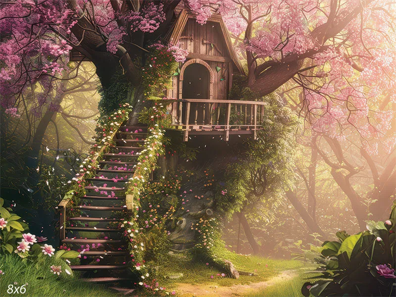 Cherry Blossom Treehouse with Floral Staircase Backdrop