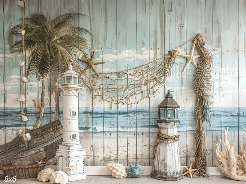 Coastal Lighthouse Backdrop with Driftwood and Shell Accents