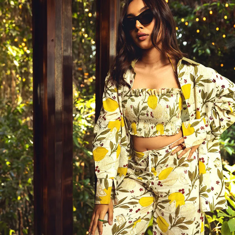 Cotton Co-Ords Set For Women | Shirt & Long Pant With Pocket | Leaves Printed | Yellow