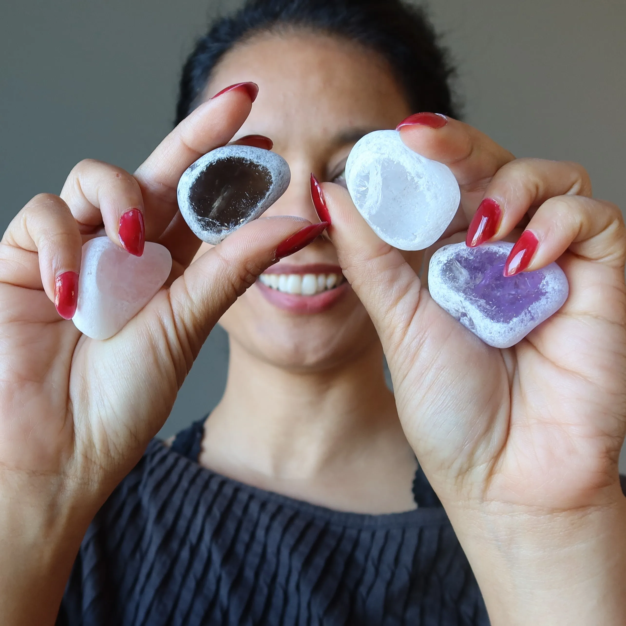 Crystal Palm Stone Set Picture Window Amethyst Quartz Smoky Rose