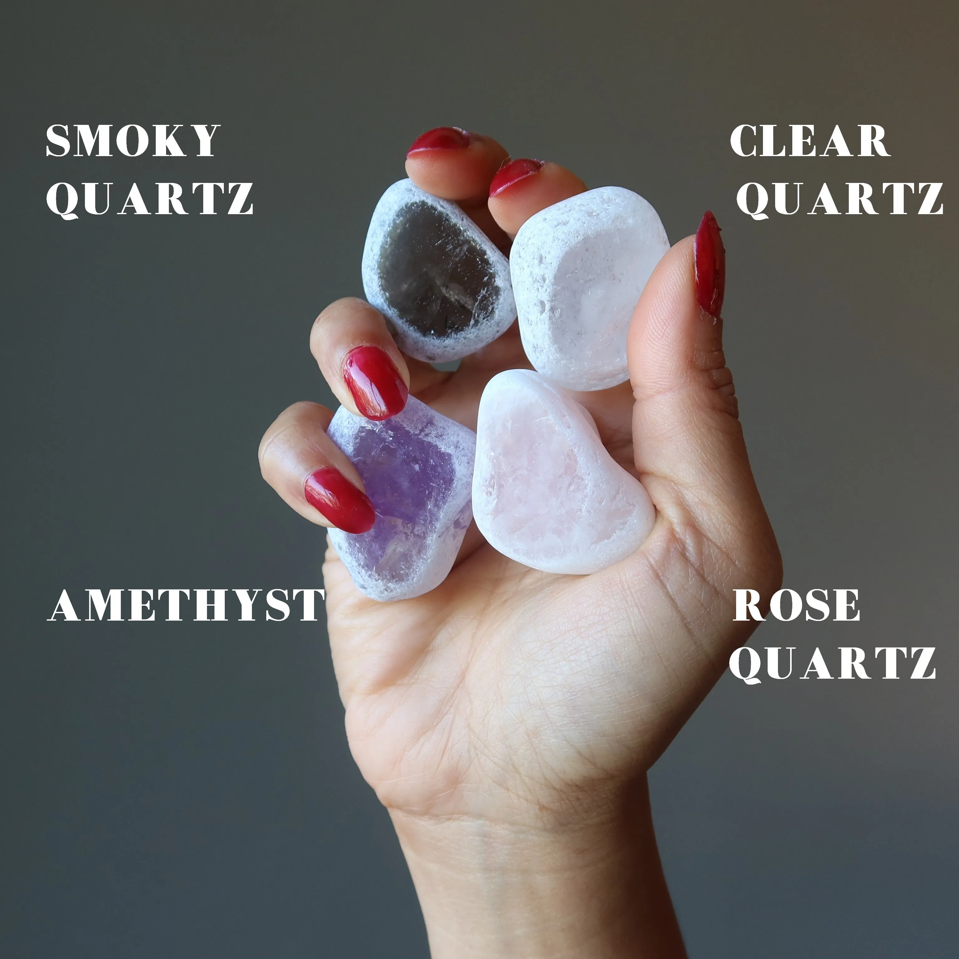 Crystal Palm Stone Set Picture Window Amethyst Quartz Smoky Rose