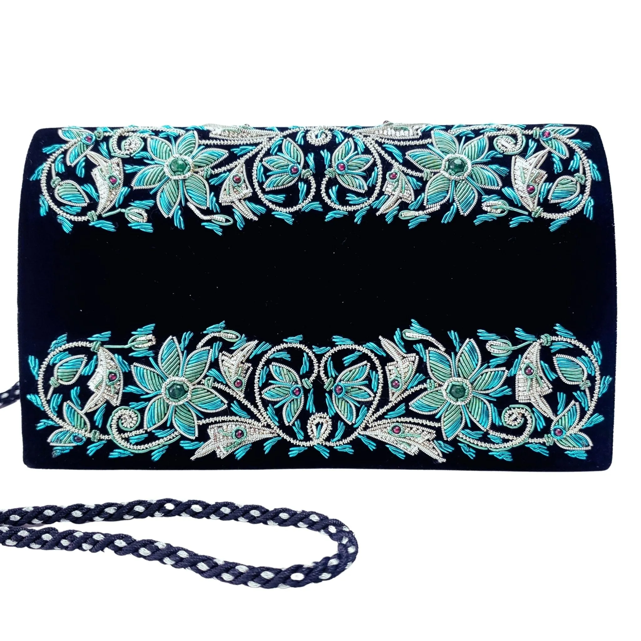 Embroidered Floral Black Velvet Clutch