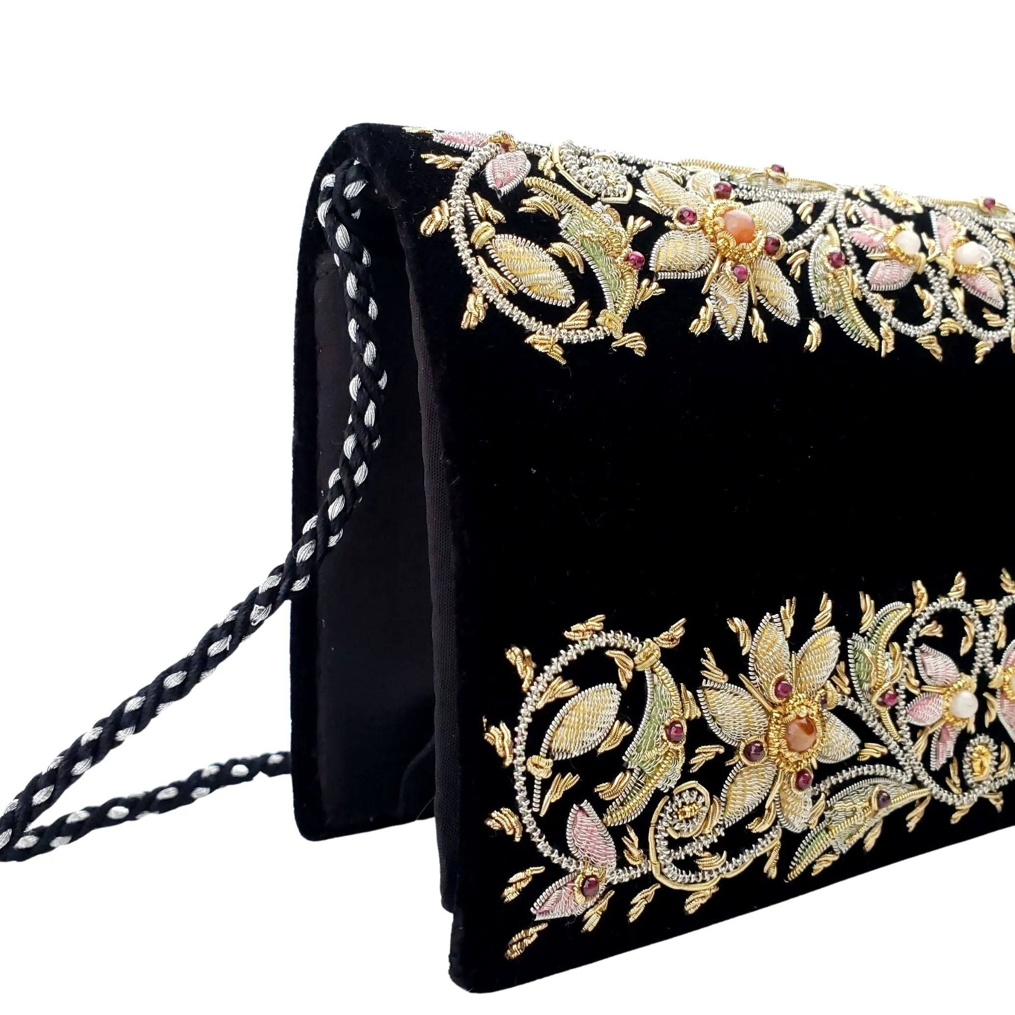 Embroidered Floral Black Velvet Clutch