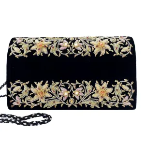 Embroidered Floral Black Velvet Clutch