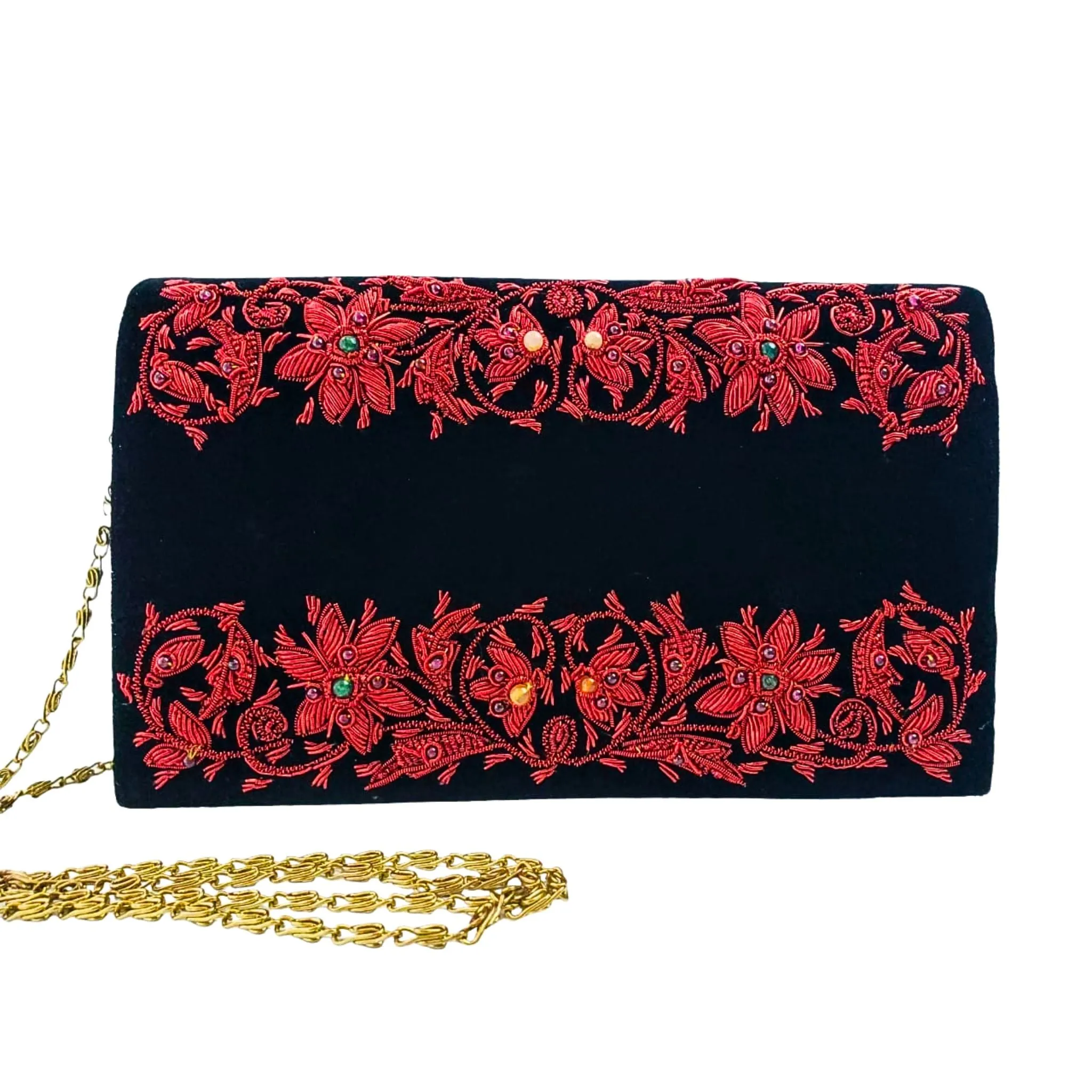 Embroidered Floral Black Velvet Clutch