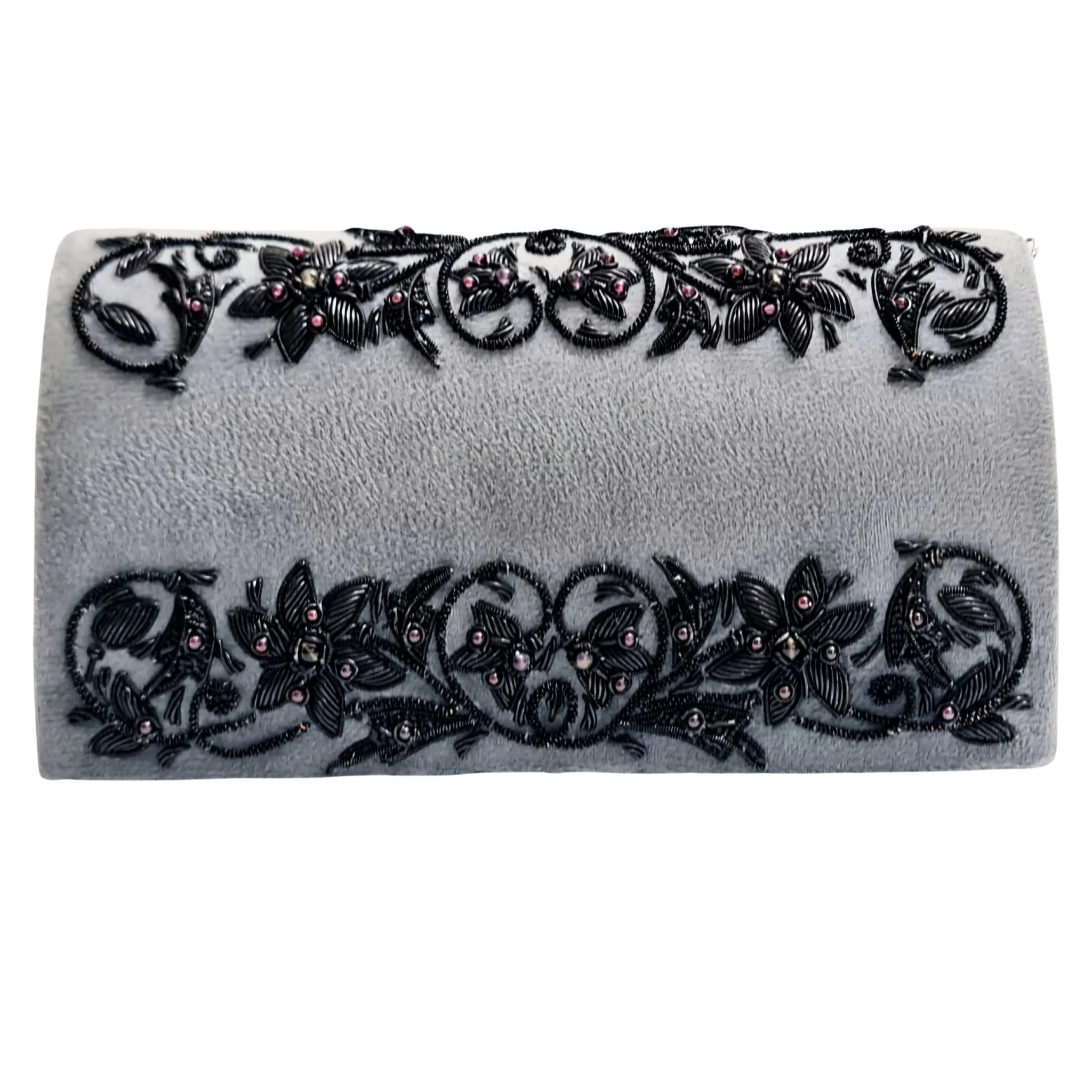 Embroidered Floral Black Velvet Clutch