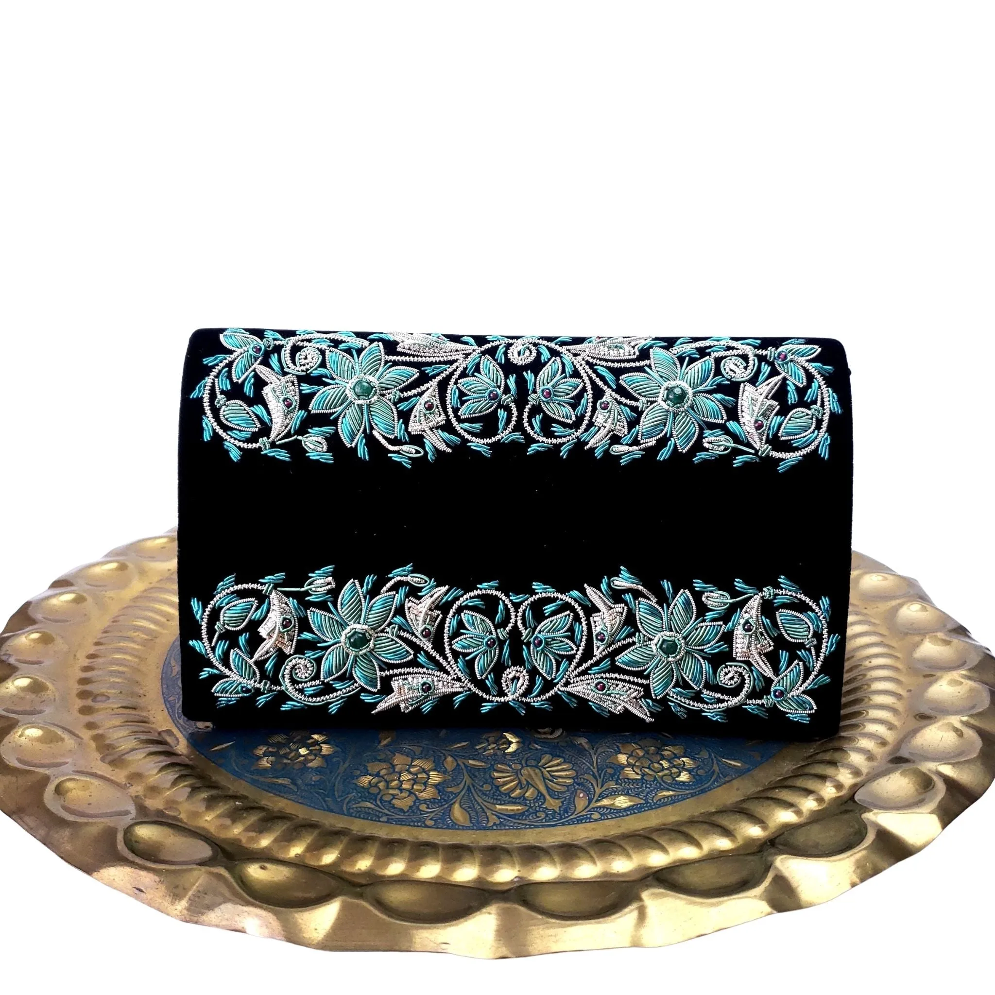 Embroidered Floral Black Velvet Clutch