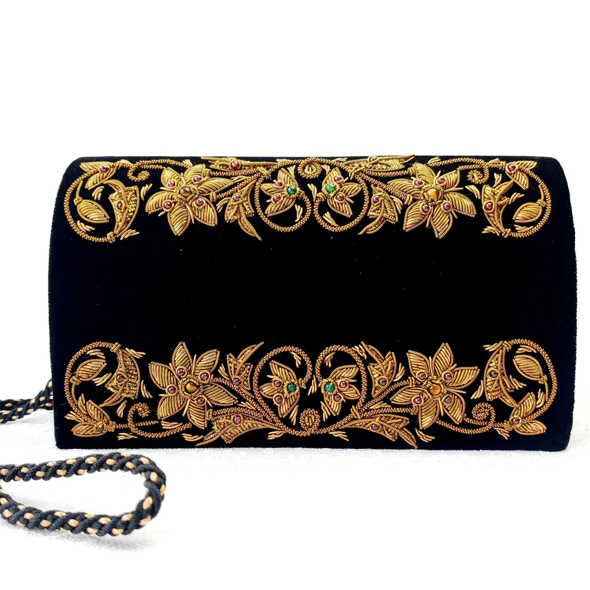 Embroidered Floral Black Velvet Clutch