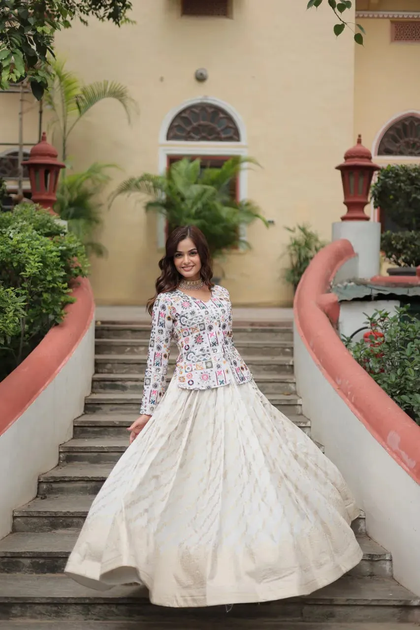 Extraordinary Off-White Embroidered Viscos Jequard Lehenga Choli