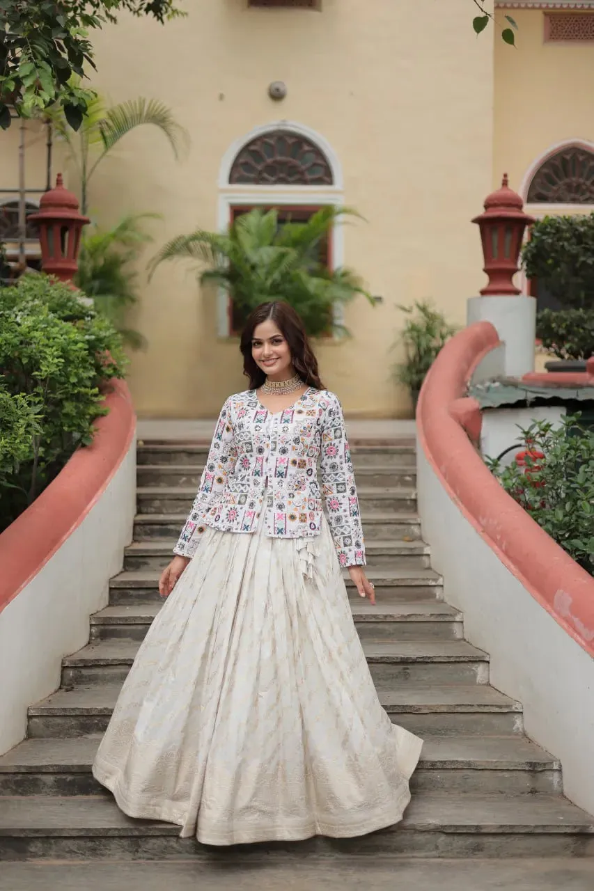 Extraordinary Off-White Embroidered Viscos Jequard Lehenga Choli