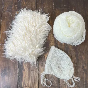 Faux Mongolian Fur Pillow Matched Wrap and Hat Set