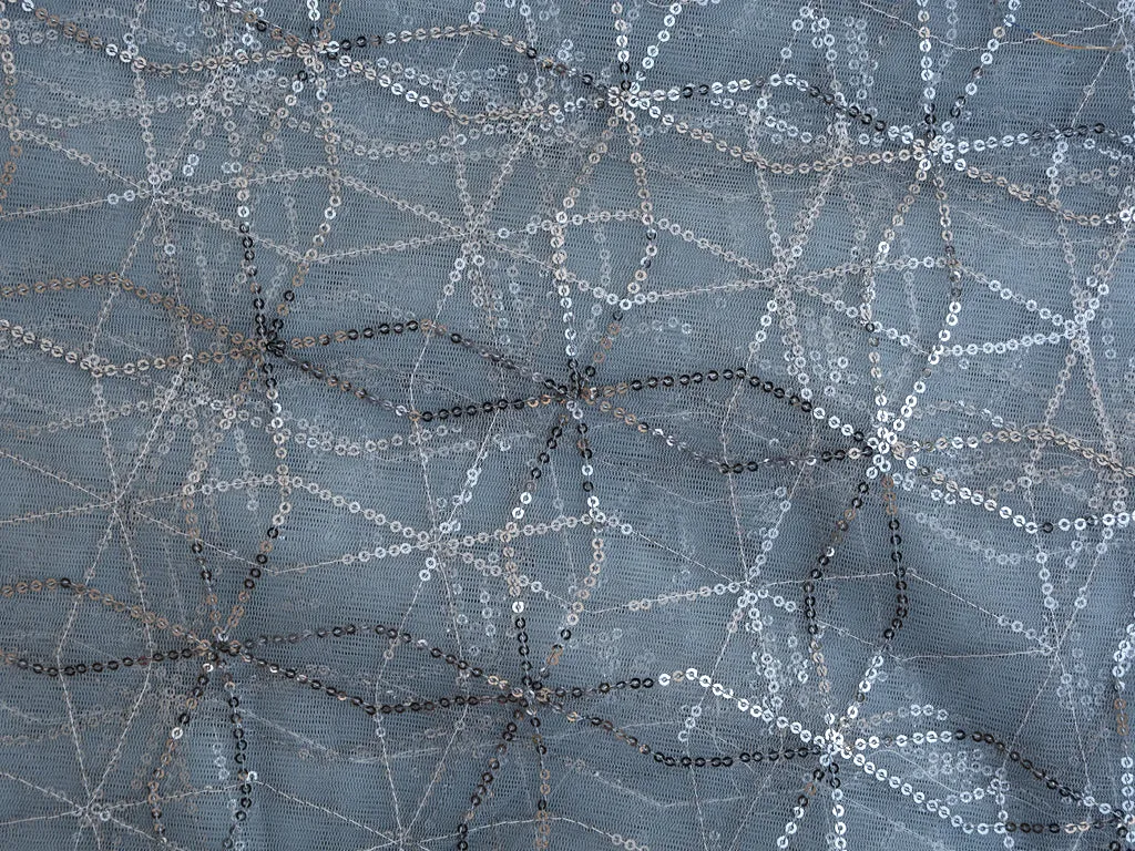 Gray Geometric Thread & Sequins Embroidered Geometric Net Fabric