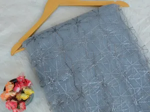 Gray Geometric Thread & Sequins Embroidered Geometric Net Fabric