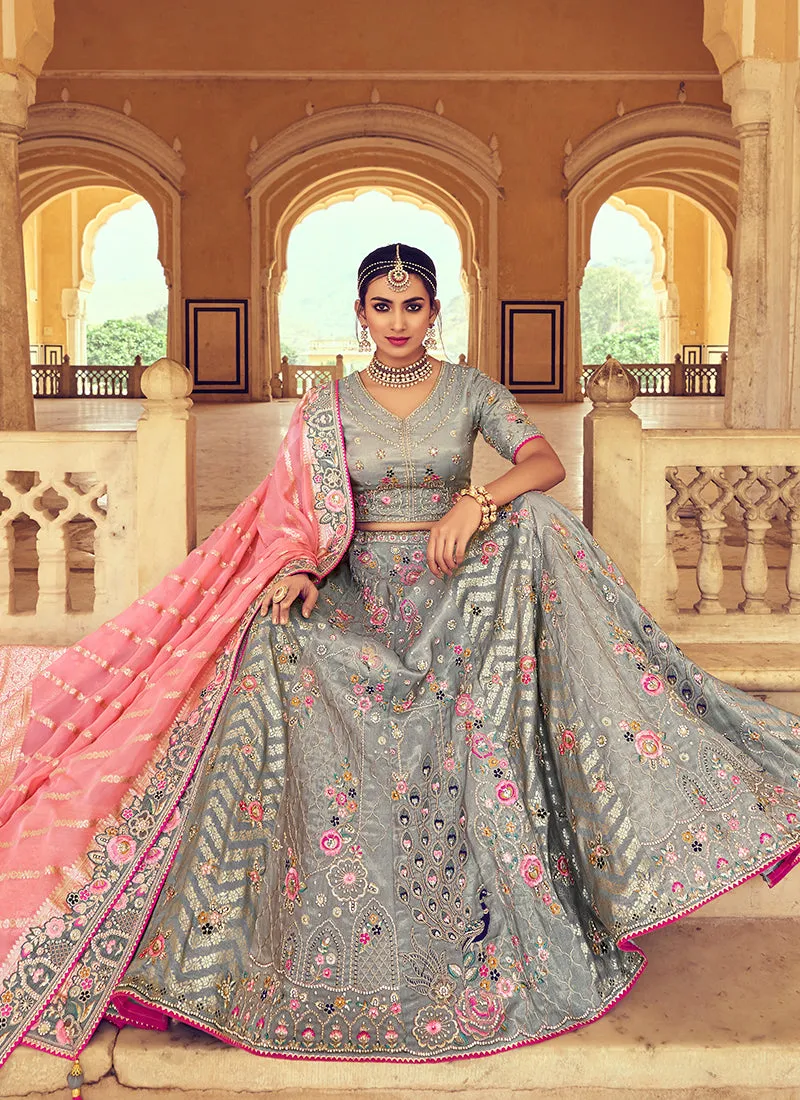 Grey Multicoloured Embroidery Wedding Lehenga Choli