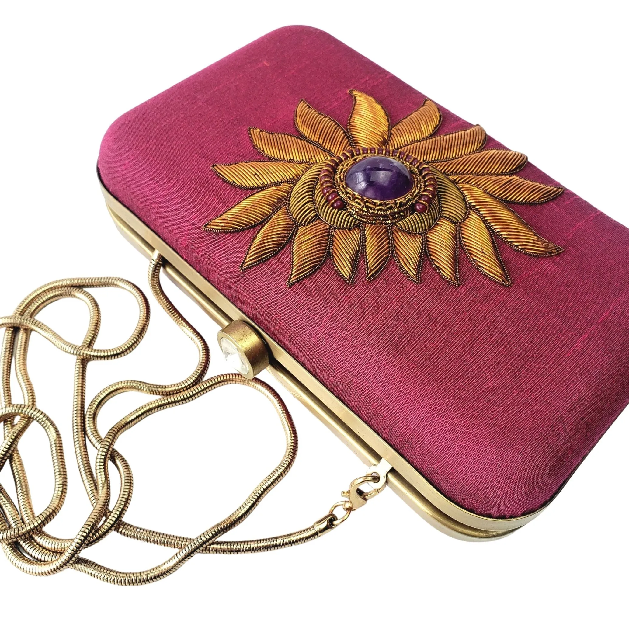 Hand Embroidered Pink Clutch with Amethyst