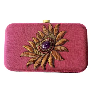 Hand Embroidered Pink Clutch with Amethyst