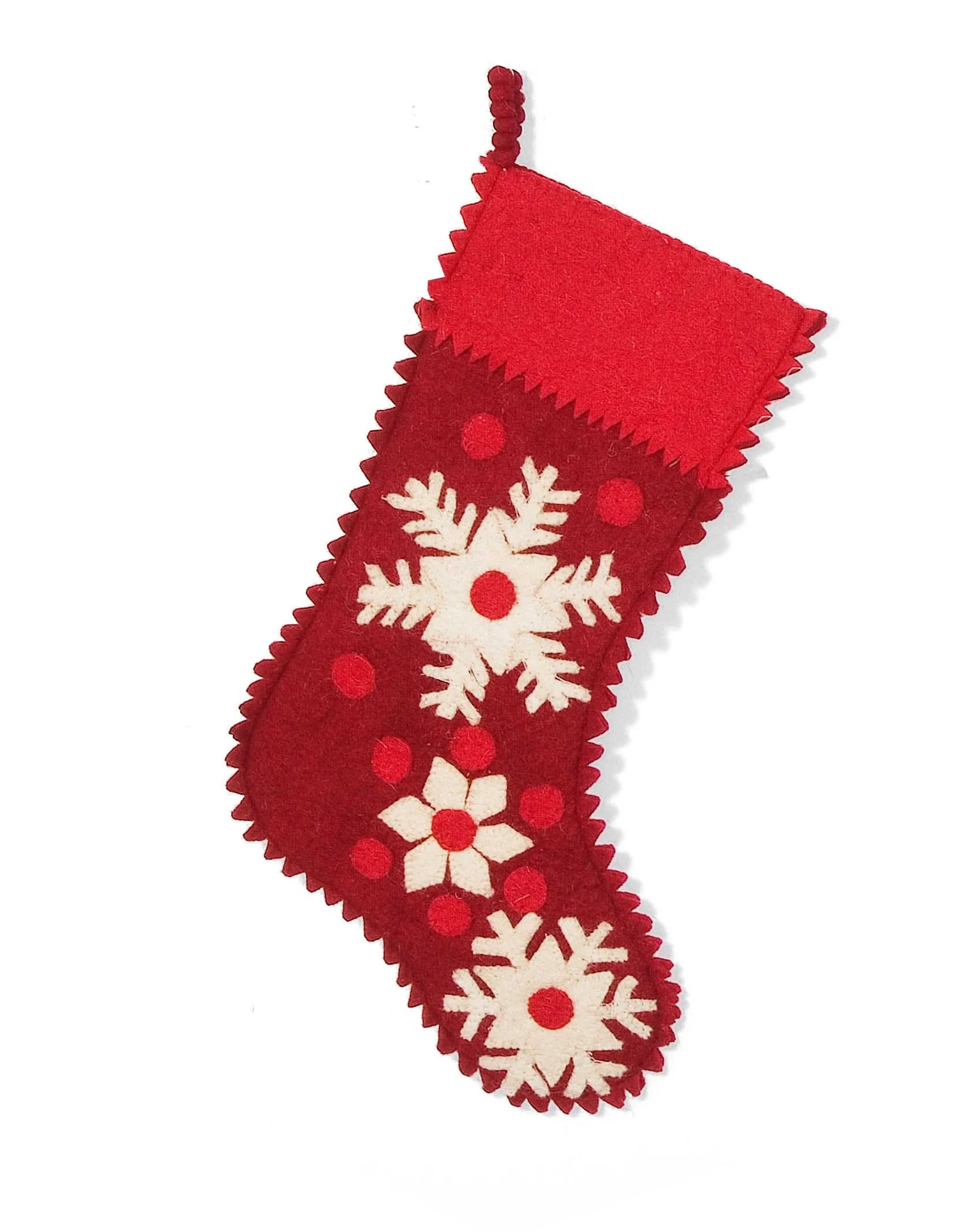 Hand Felted Wool Christmas Stocking - Snowflakes on Red