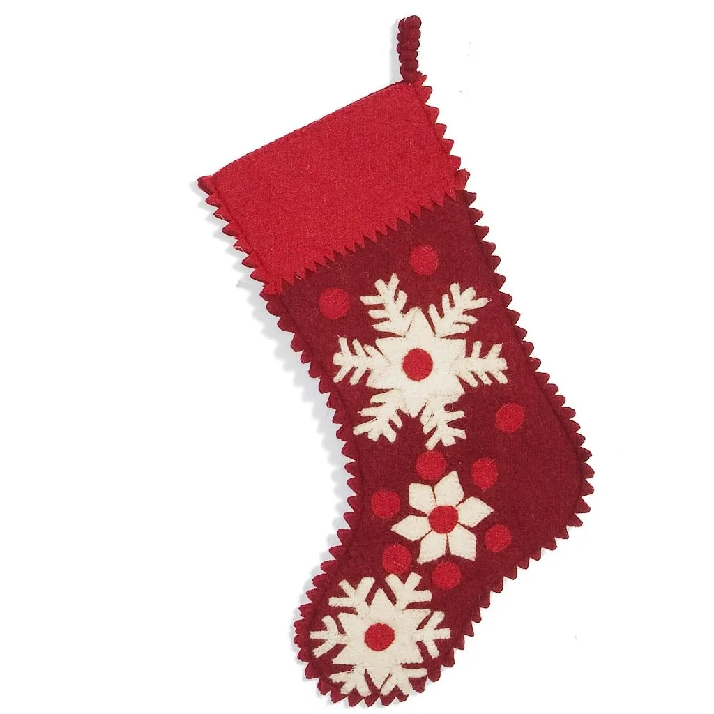 Hand Felted Wool Christmas Stocking - Snowflakes on Red