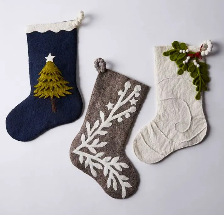 Hand Felted Wool Christmas Stocking – Stars and Branch on Gray