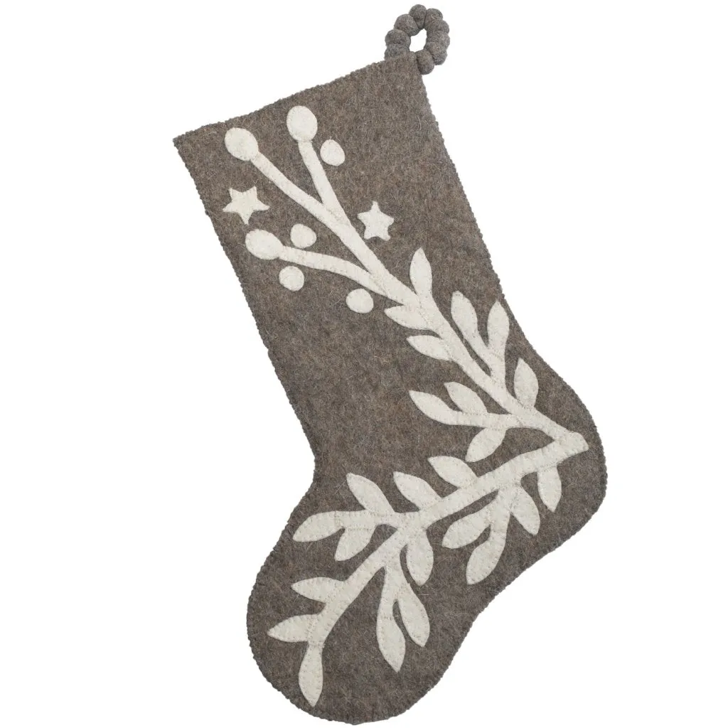 Hand Felted Wool Christmas Stocking – Stars and Branch on Gray