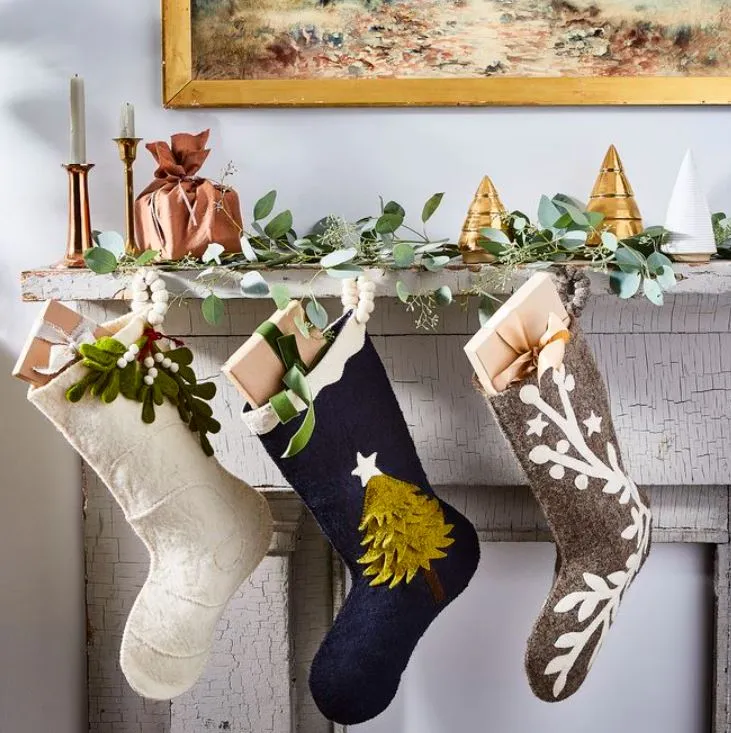 Hand Felted Wool Christmas Stocking – Stars and Branch on Gray