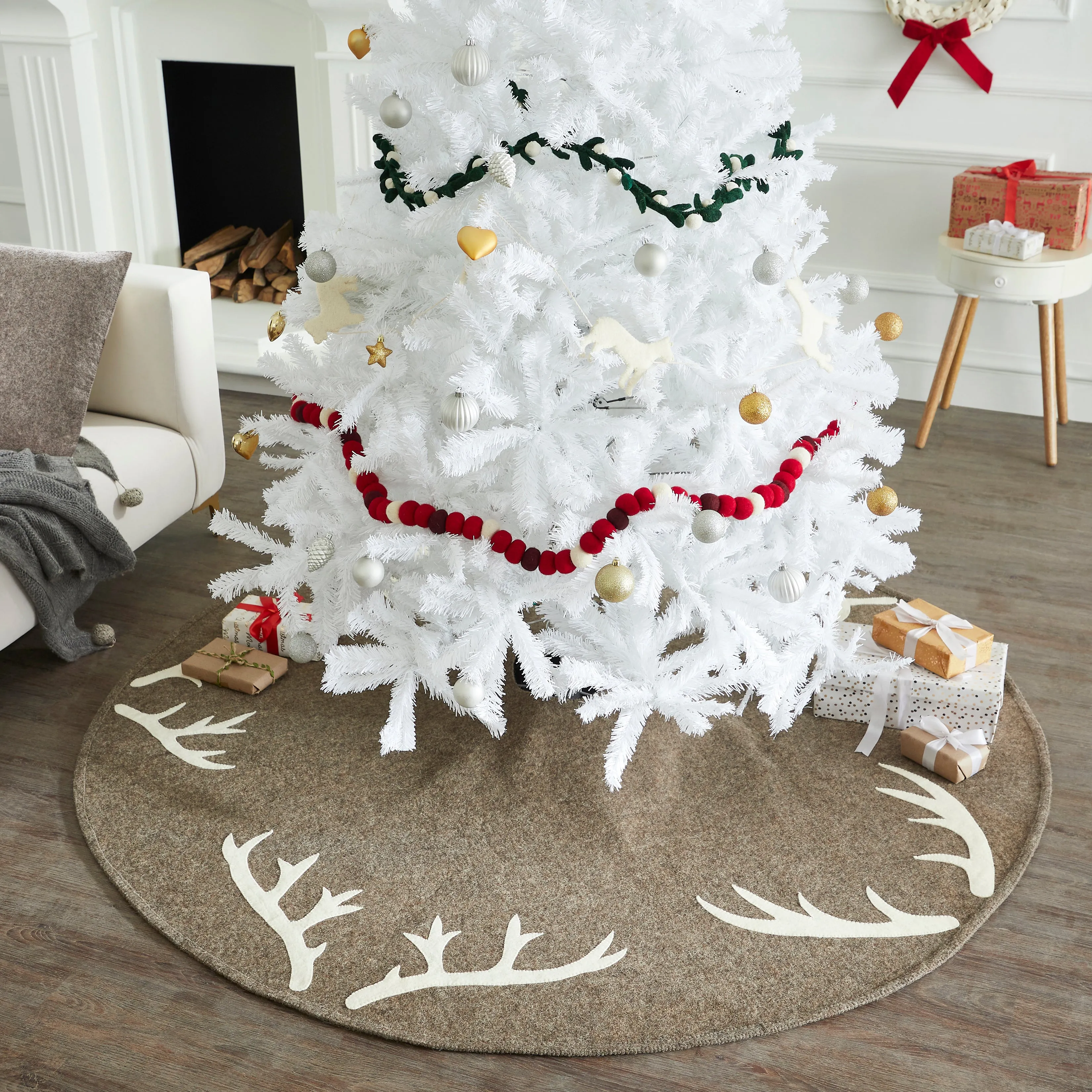 Handmade Felt Christmas Tree Skirt -Antlers on Gray - 60" / 72"