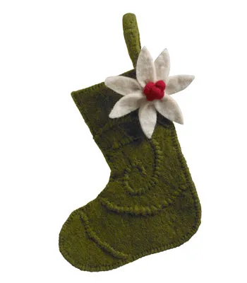 Handmade Felt Green Poinsettia Stocking Christmas Ornament