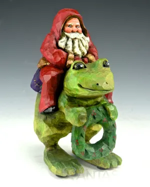 Happy Frog with Santa Wood Carving by Barbara Scoles