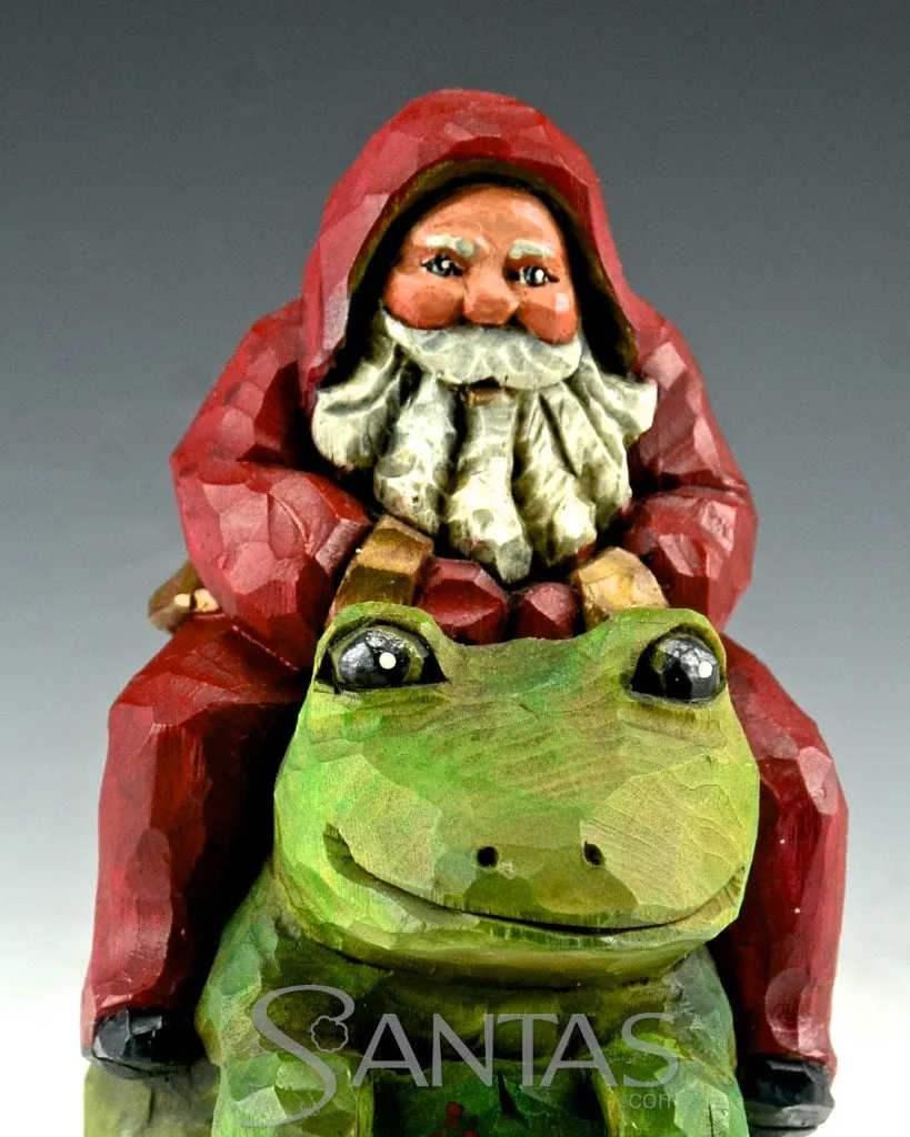 Happy Frog with Santa Wood Carving by Barbara Scoles