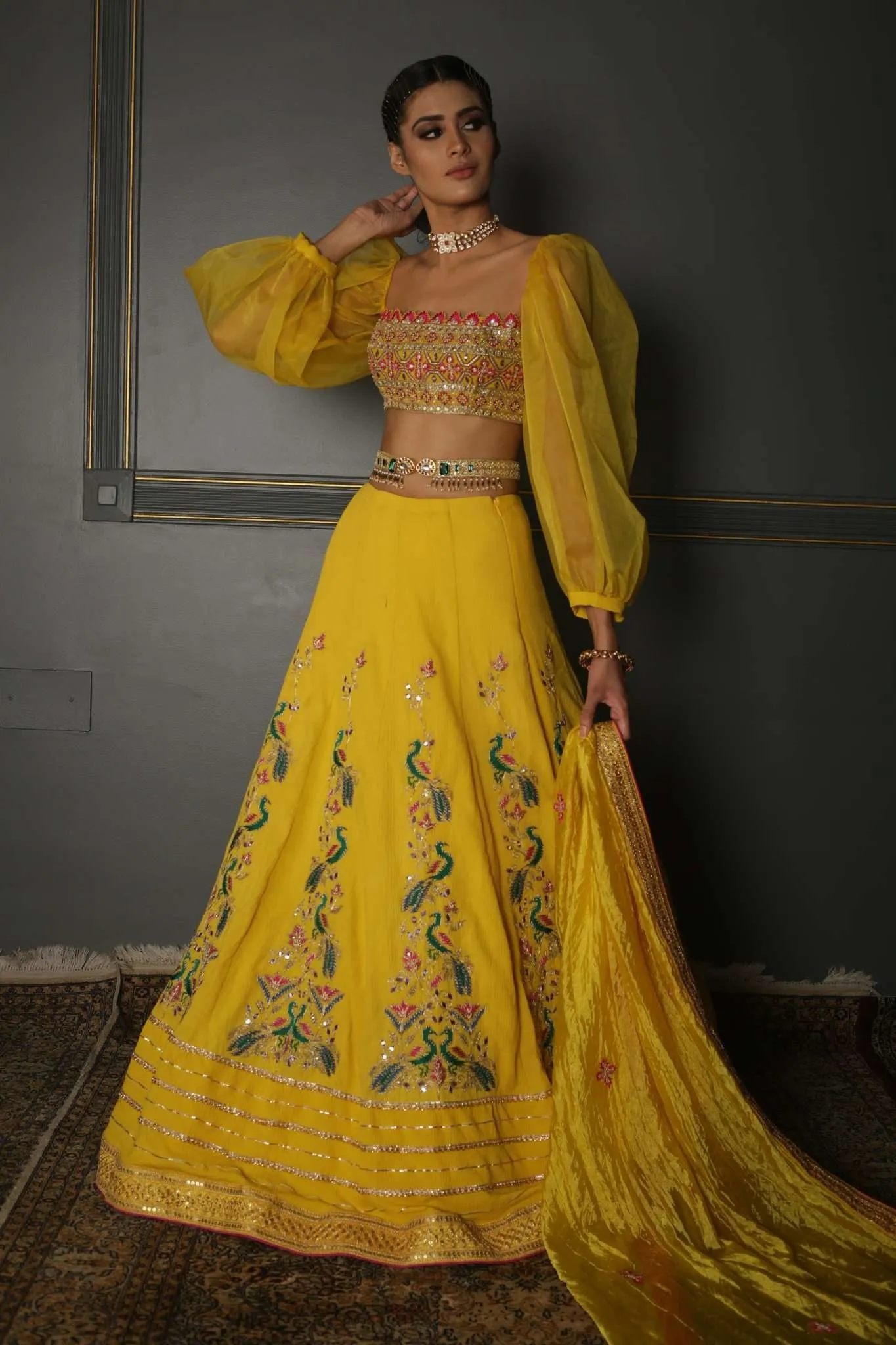 Mustard Yellow Hand-Embroidered Georgette Lehenga