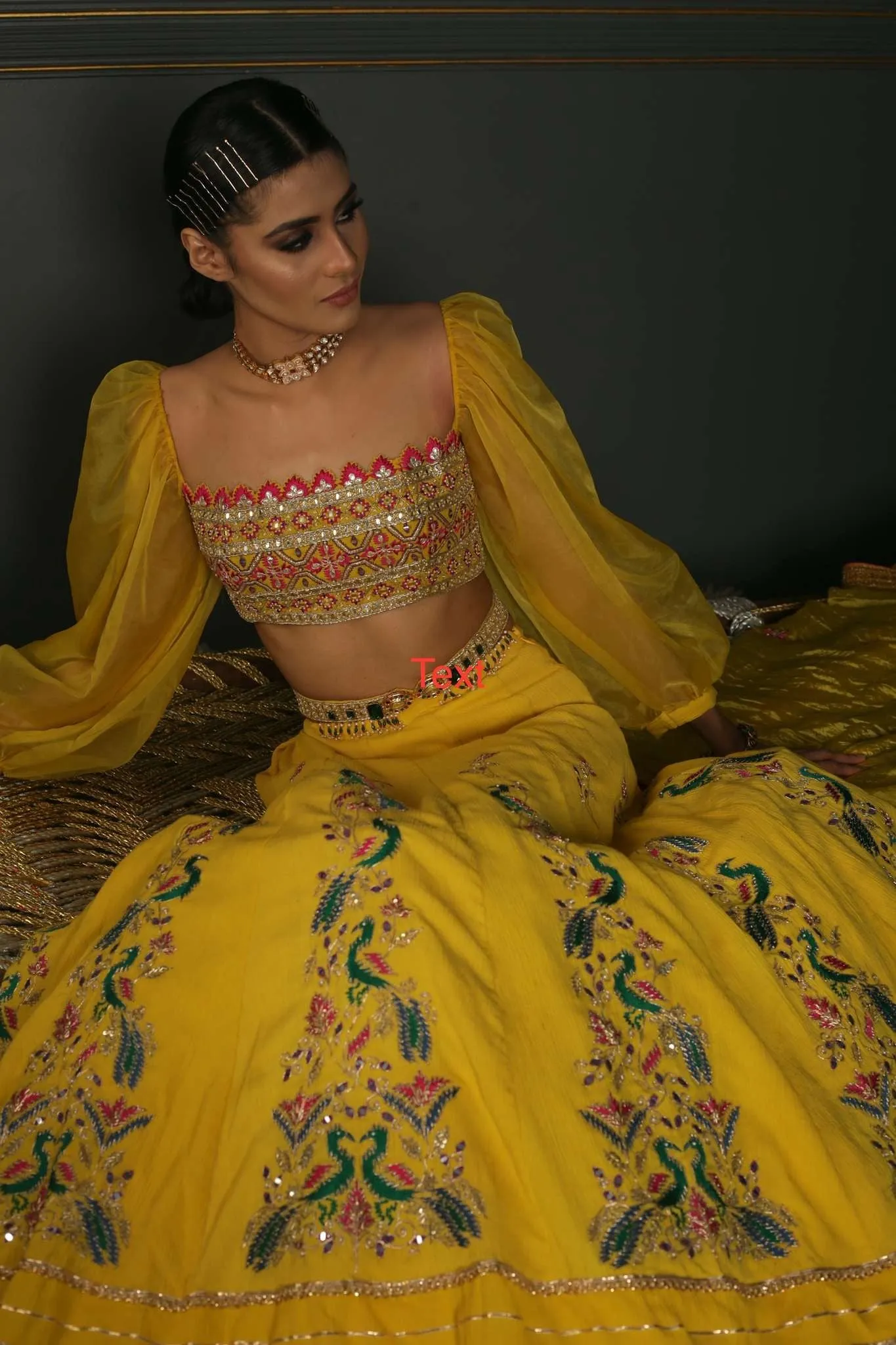 Mustard Yellow Hand-Embroidered Georgette Lehenga