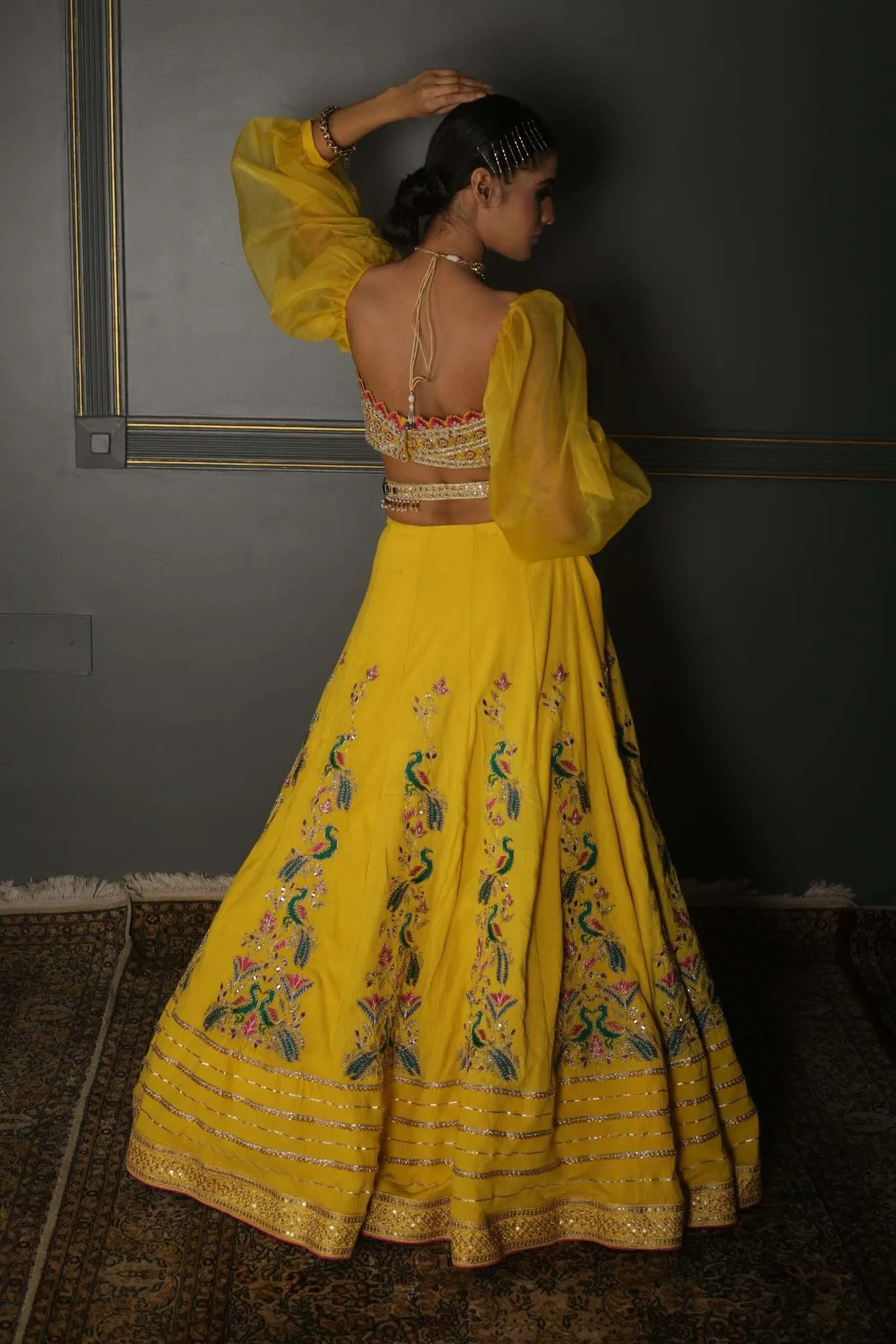 Mustard Yellow Hand-Embroidered Georgette Lehenga