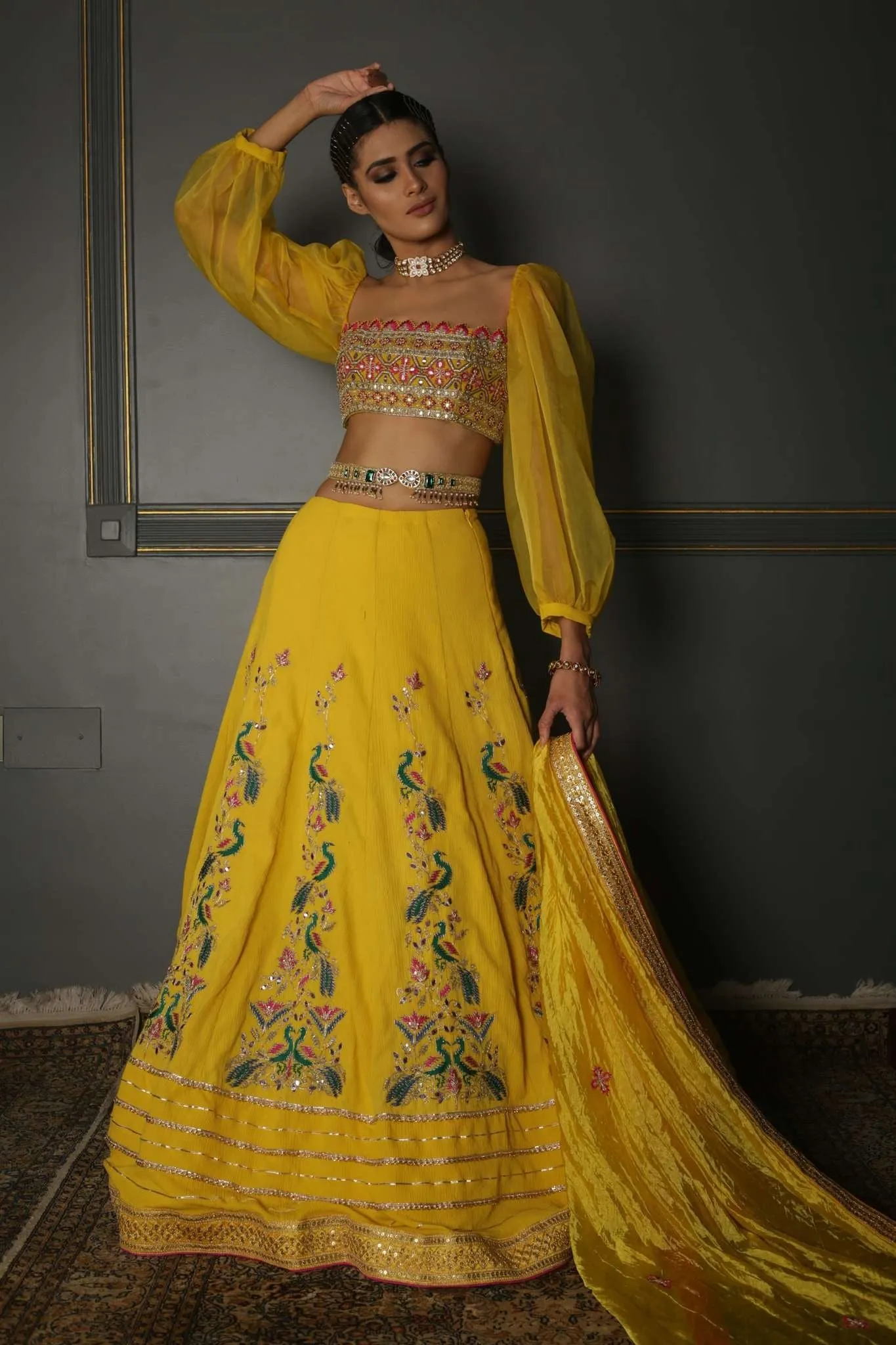 Mustard Yellow Hand-Embroidered Georgette Lehenga