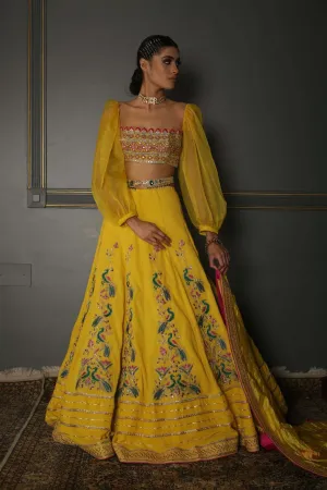 Mustard Yellow Hand-Embroidered Georgette Lehenga