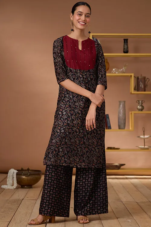 Okhai "Starburst" Hand Embroidered Mirror and Beadwork Handblock Printed Chanderi Silk Ajrakh Kurta