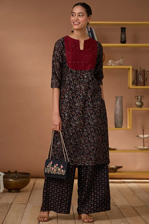 Okhai "Starburst" Hand Embroidered Mirror and Beadwork Handblock Printed Chanderi Silk Ajrakh Kurta