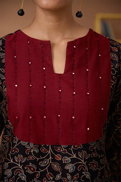 Okhai "Starburst" Hand Embroidered Mirror and Beadwork Handblock Printed Chanderi Silk Ajrakh Kurta