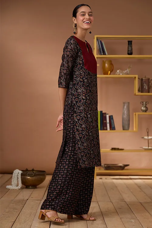 Okhai "Starburst" Hand Embroidered Mirror and Beadwork Handblock Printed Chanderi Silk Ajrakh Kurta