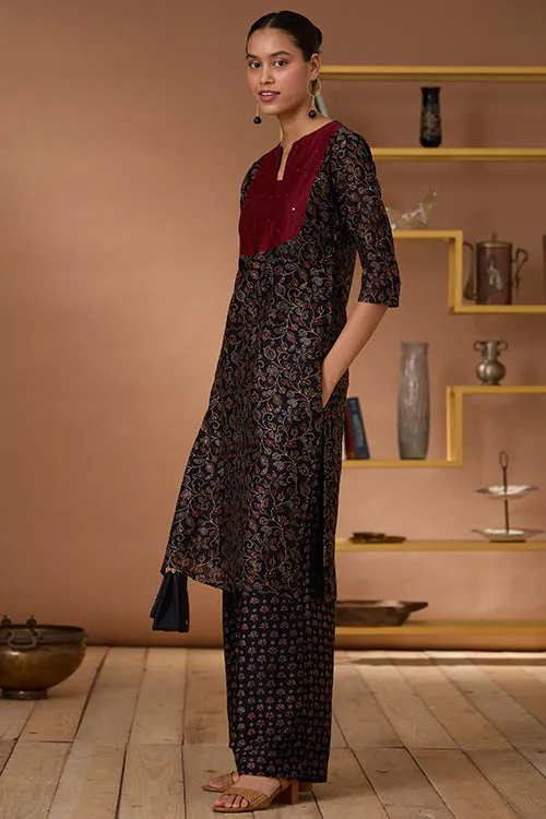 Okhai "Starburst" Hand Embroidered Mirror and Beadwork Handblock Printed Chanderi Silk Ajrakh Kurta