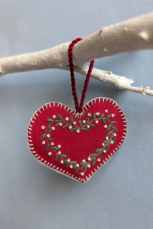 Okhai “Trinkets” Set of 5 Hand-Embroidered Heart-Shaped Christmas Ornaments