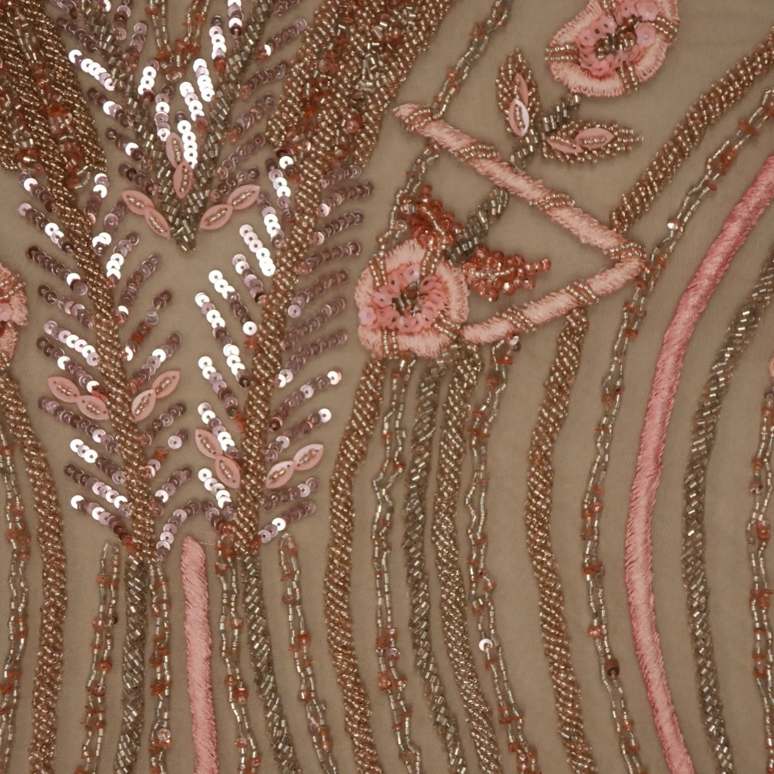 Rose Gold Sequined and Beaded Embroidered Tulle Fabric